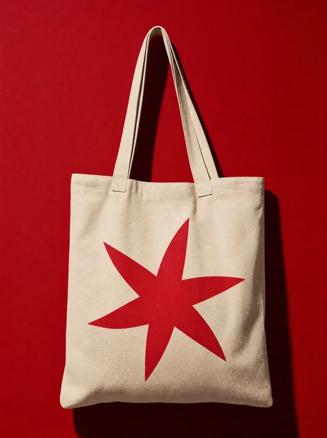 Tote sobre pared roja, con flash directo